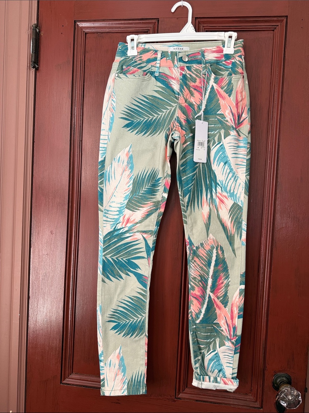 Guess Skinny Tropical Leaf Jeans in Green and Pink